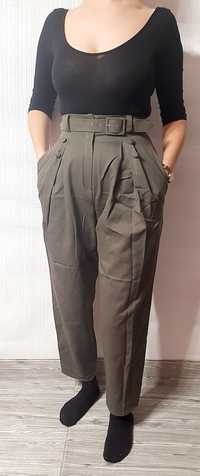 Spodnie damskie eleganckie wysoki stan pasek khaki stylowe S XS