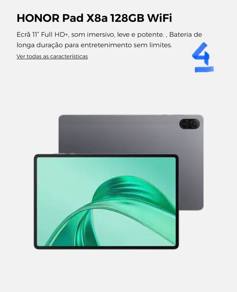 Tablet Honor Pad X8a de 11” com 128 GB Wi-Fi