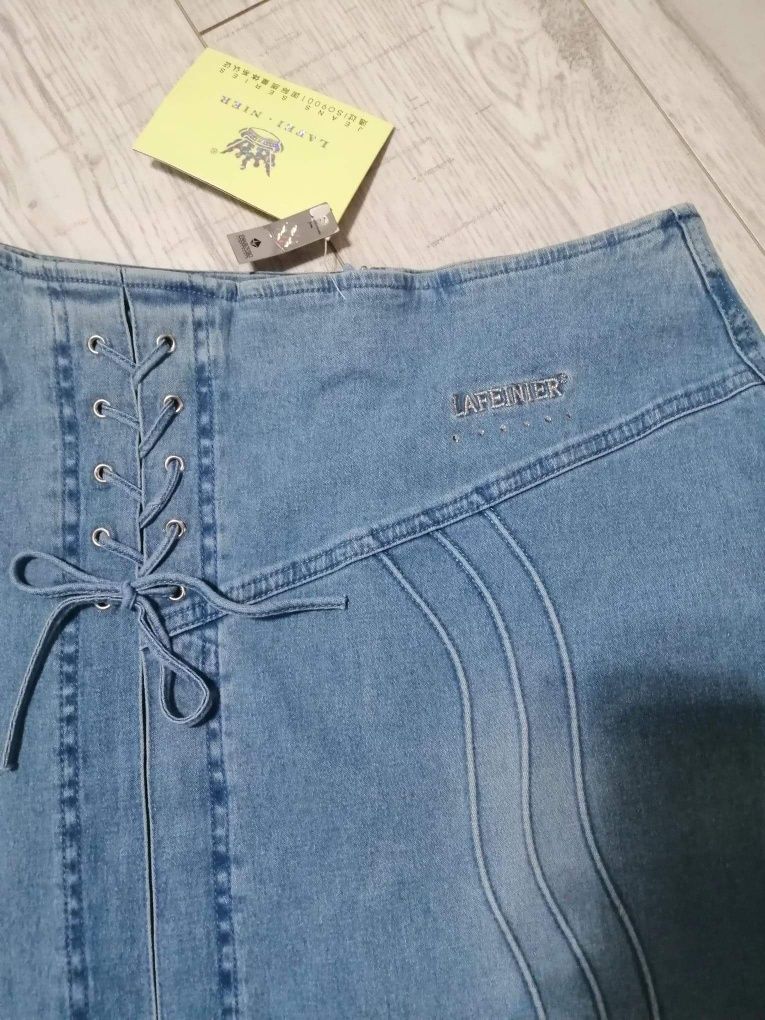 Spódnica jeansowa, r M, midi, asymetryczna