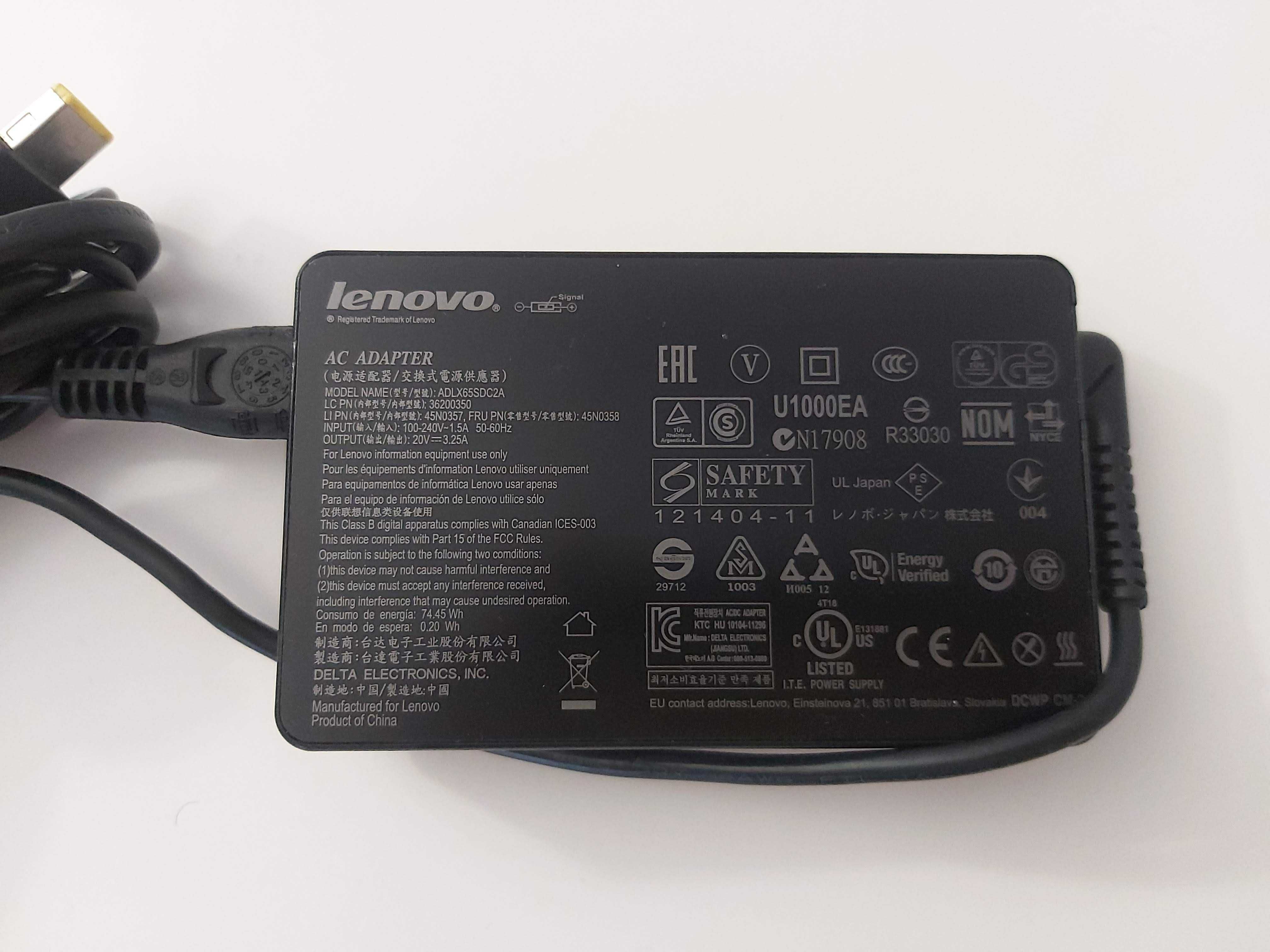 Oryginalny Zasilacz do Laptopa Lenovo 65W 20V 3.25A prostokątny wtyk