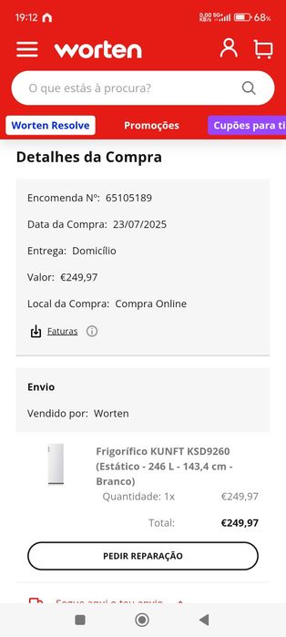 Frigorífico KUNFT KSD9260 (NOVO) 200€
246 L-143,4 cm- Branco)