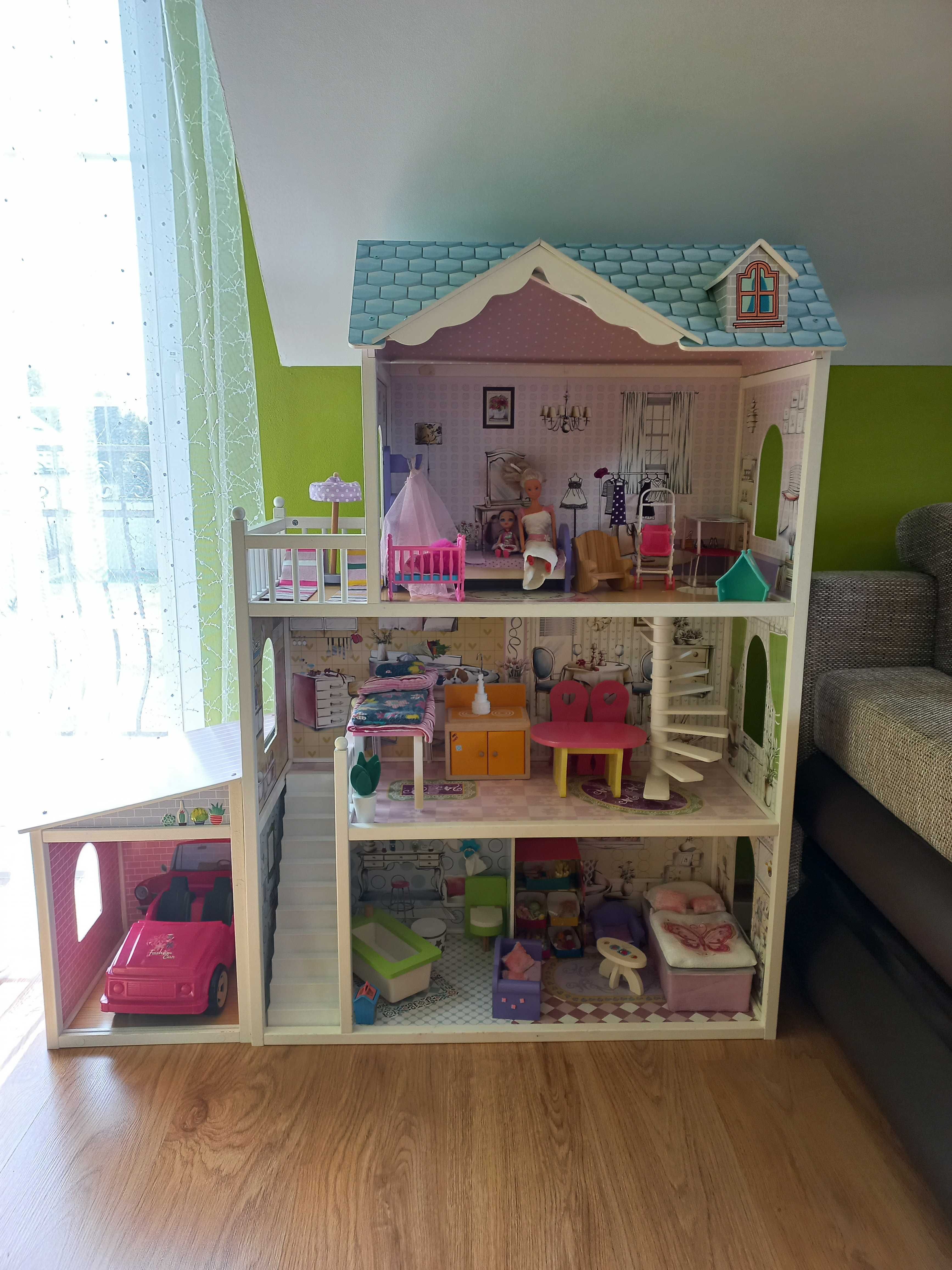 Domek drewniany XXL dla lalki barbie z garażem, wyposażeniem i lalkami