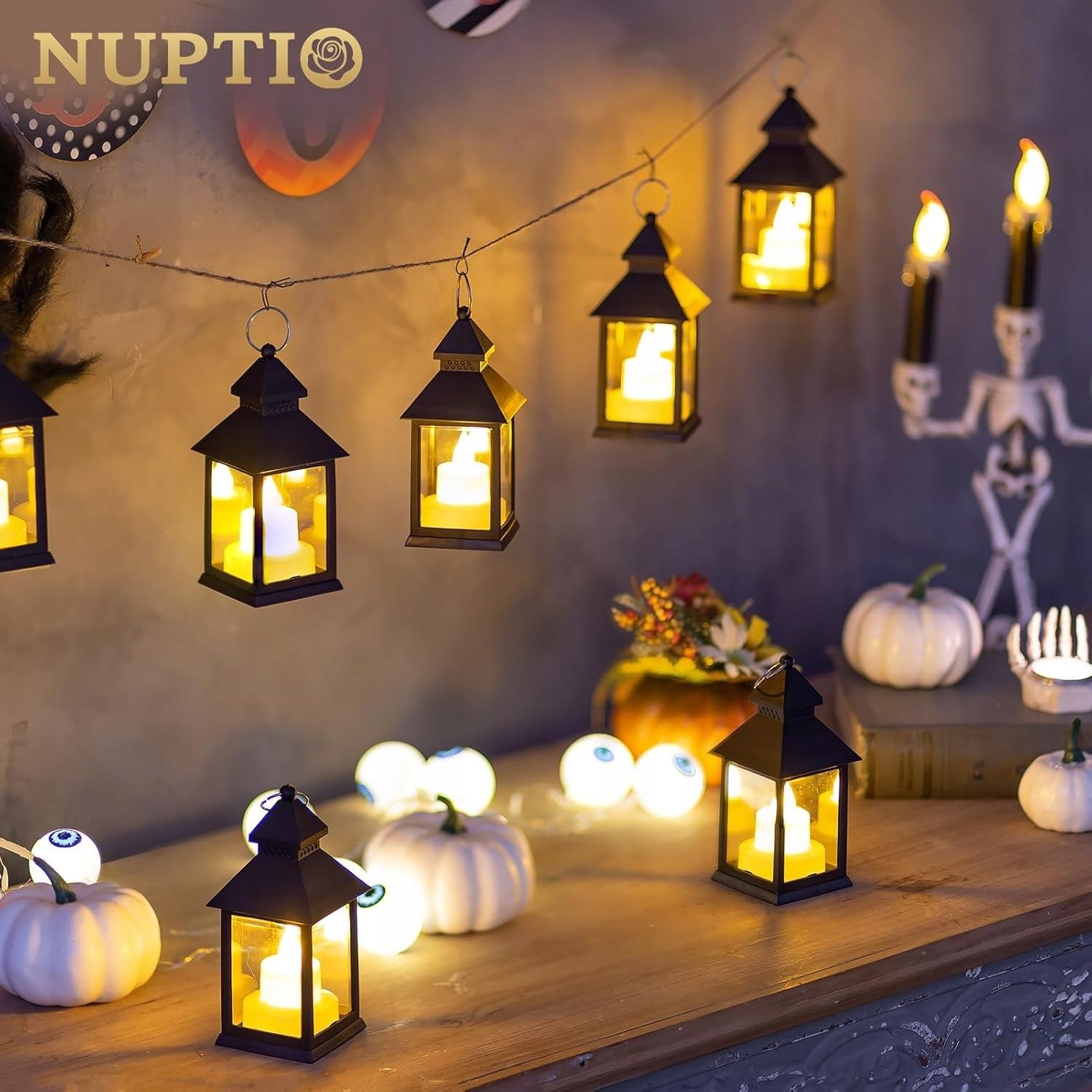 Zestaw 10 MINI latarni NUPTIO 14 cm Czarne z migoczącymi świecami LED