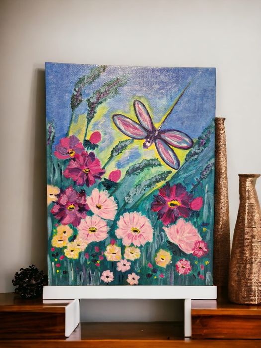 Obraz kwiaty ogród ważka akryl na płótnie 18x24 cm