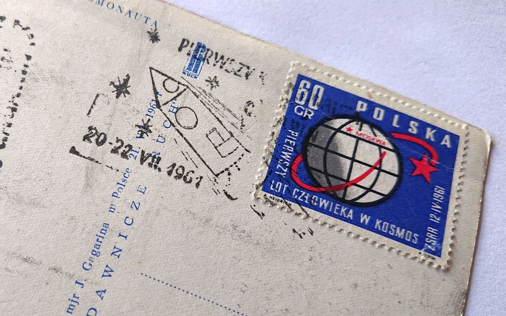 Kartka pocztowa - Jurij Gagarin RUCH Znaczek + Stemple- 1961 r. Nr 43