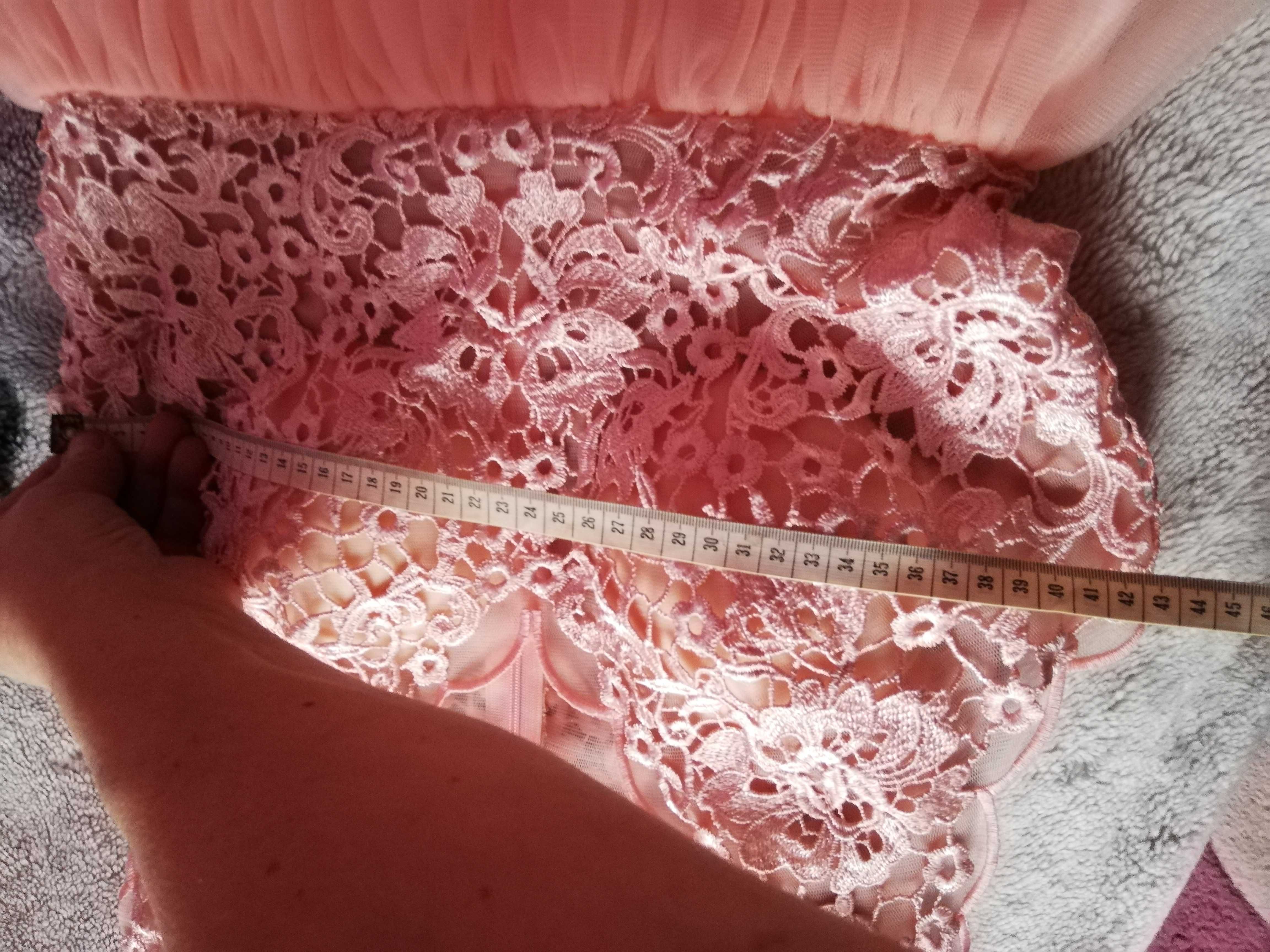 sukienka jasny róż koktajlowa wieczorowa wesele koronkowa tiulowa