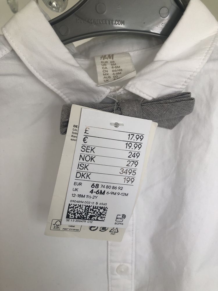 Biała koszula na krótki rękaw z muchą na chrzest H&M 62 68 cm