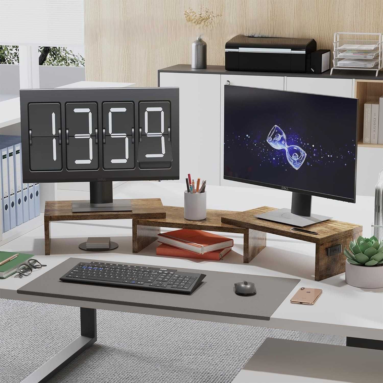BONTEC Podwójny Stojak na Monitor z Organizerem, Brązowy