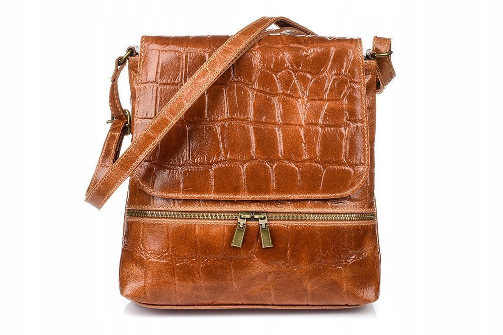 Camel Damska Skórzana Włoska Listonoszka Pionowa Croco B69 torebka