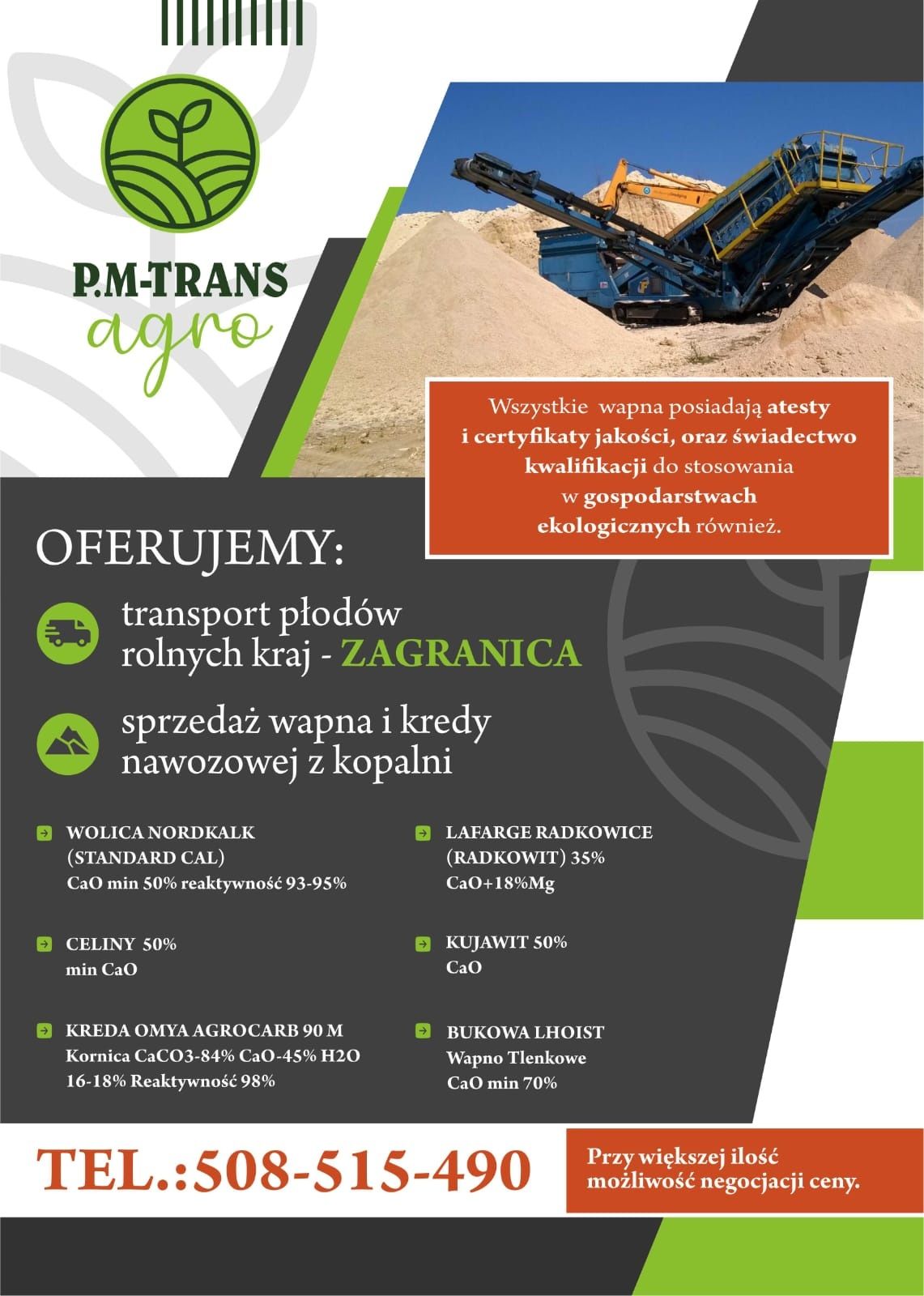 Wapno nawozowe I kreda z transportem CAŁY KRAJ!!!