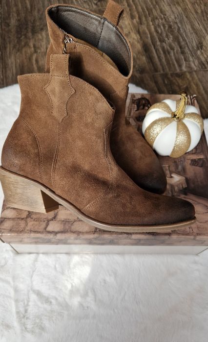 Nowe skórzane brązowe damskie kowbojki, botki na zamek, eur 37