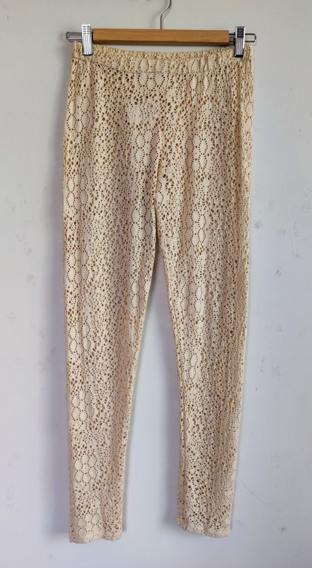 H&M Ażurowe Legginsy Koronkowe Getry Boho Vintage Hippie Beige Nude