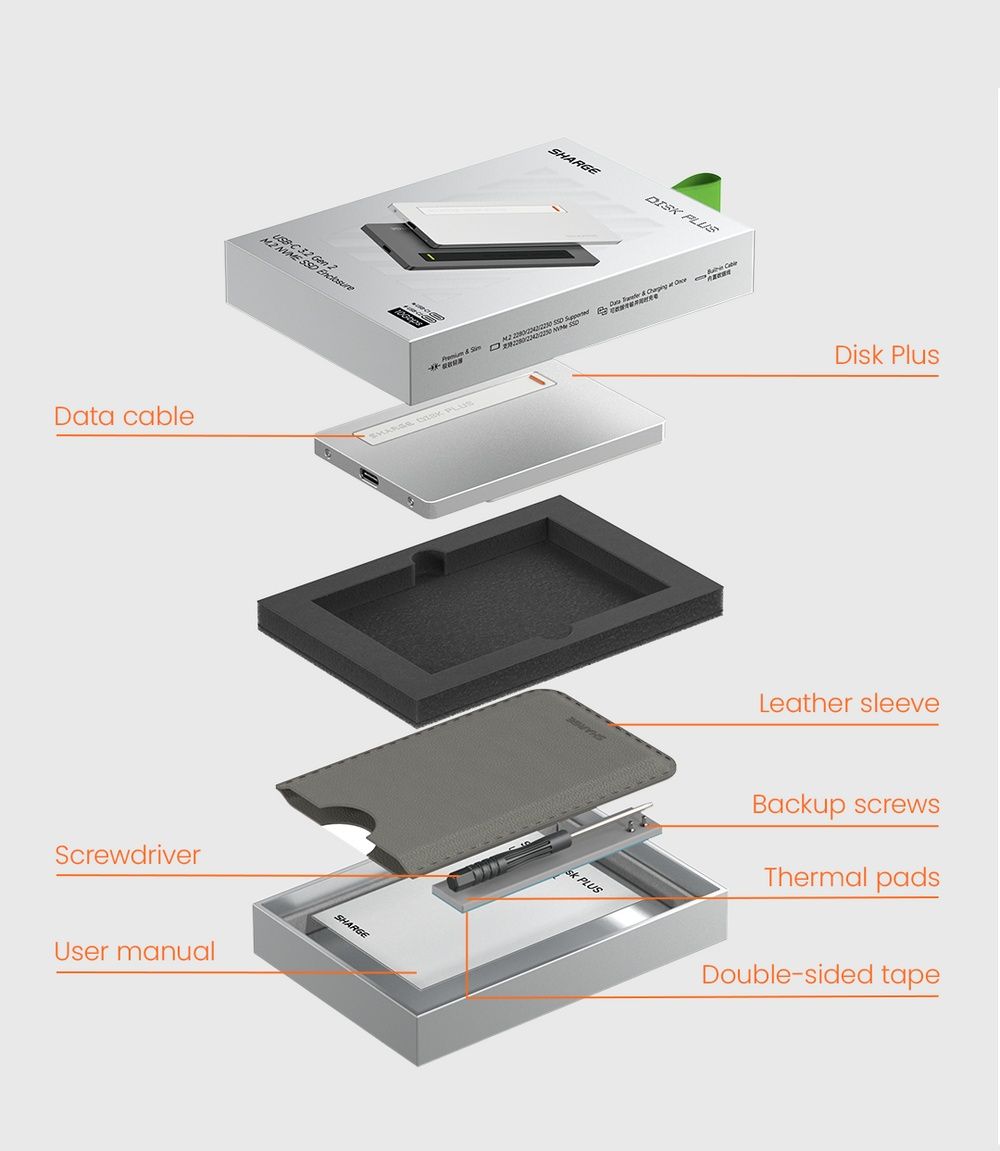 SHARGE Disk plus M.2 NVMe Enclosure Small External SSD Case 10Gbps