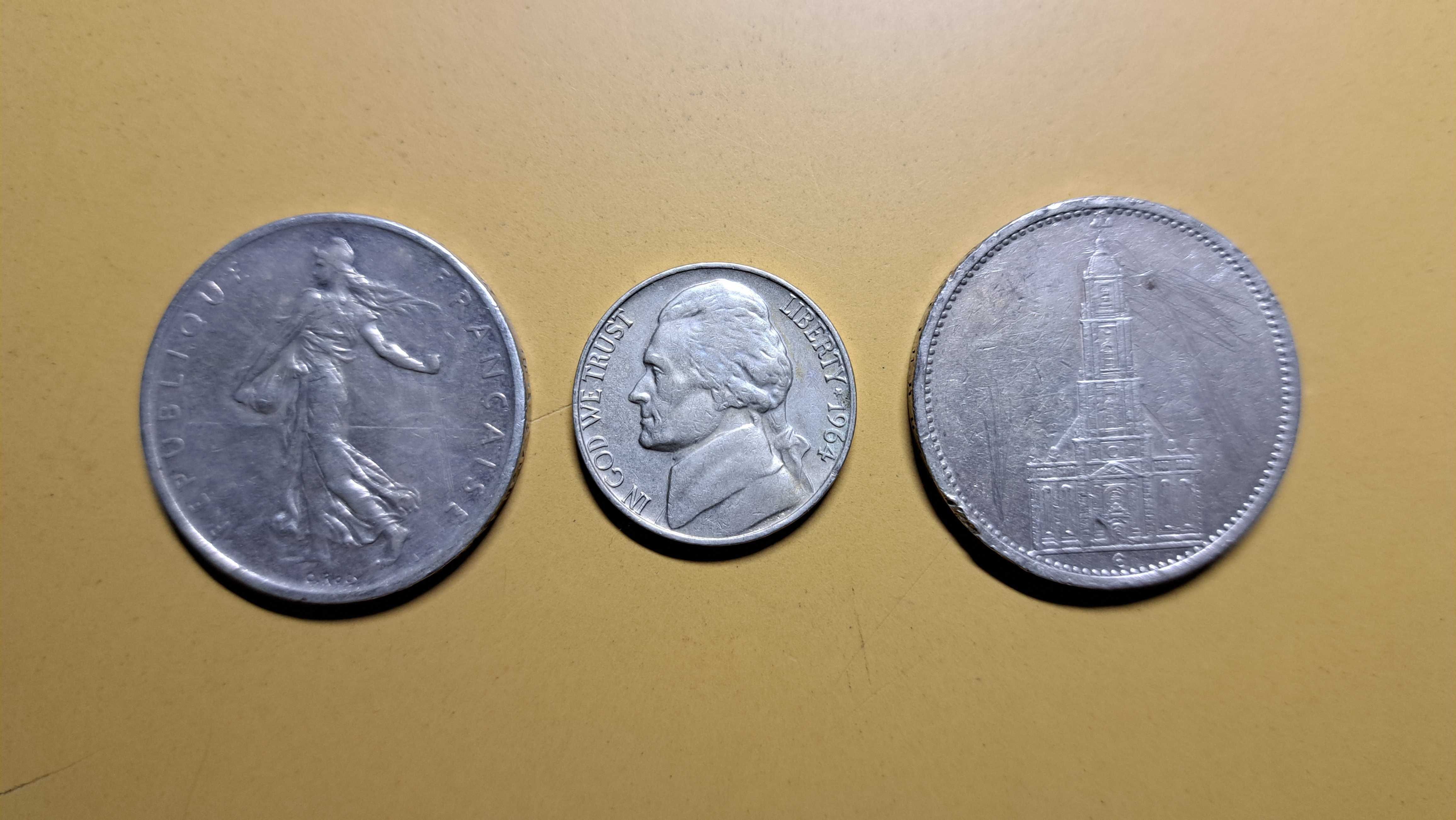 Monety stare różne srebrne 5 Marek 1935, 5  Franków 1960 i inne