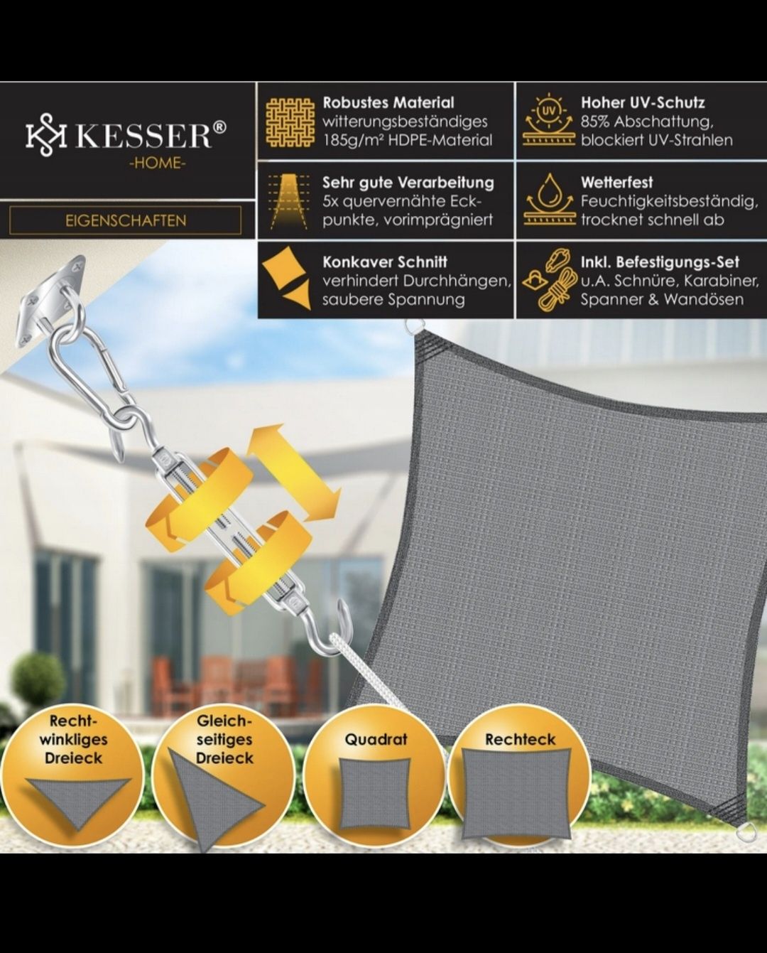 KESSER Żagiel przeciwsłoneczny HDPE 3,6x3,6m | UV 85% + linki