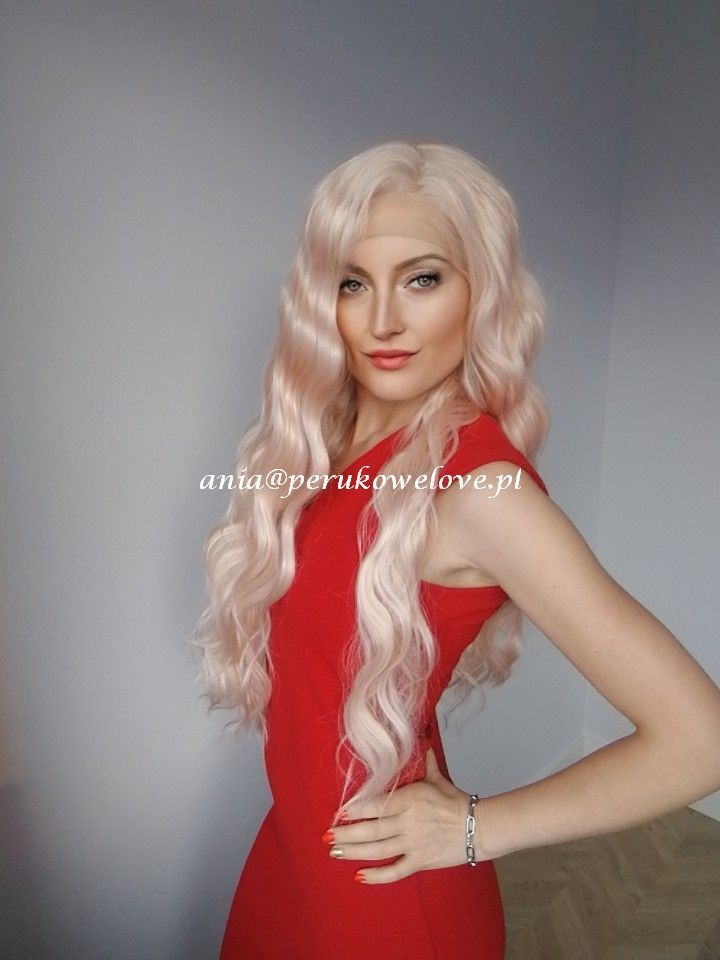 Peruka różowy blond lace front długie włosy fale na co dzień