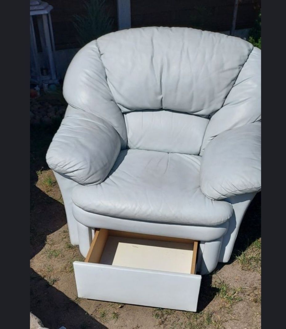 Zestaw skóra naturalna fotel i sofa rozkladana