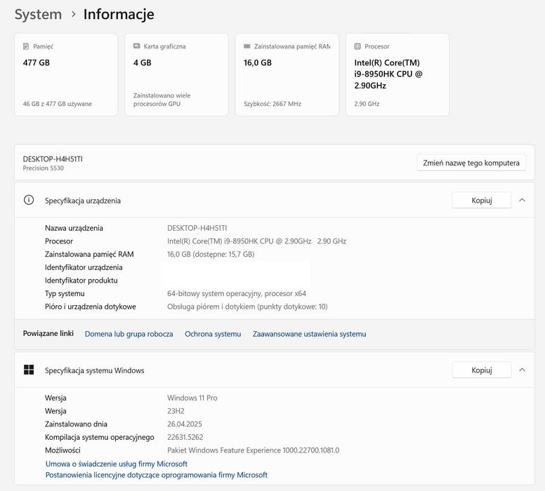 Dell Precision 5530 - i9-8950HK 16GB RAM 512GB SSD 4K P2000 Windows 11