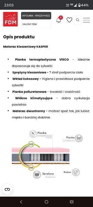 Nowy Materac kieszeniowy FDM KASPER 180x200, pianka visco, kokos, H3-H