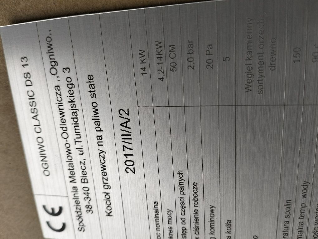 Tabliczka znamionowa pieca wtórnik