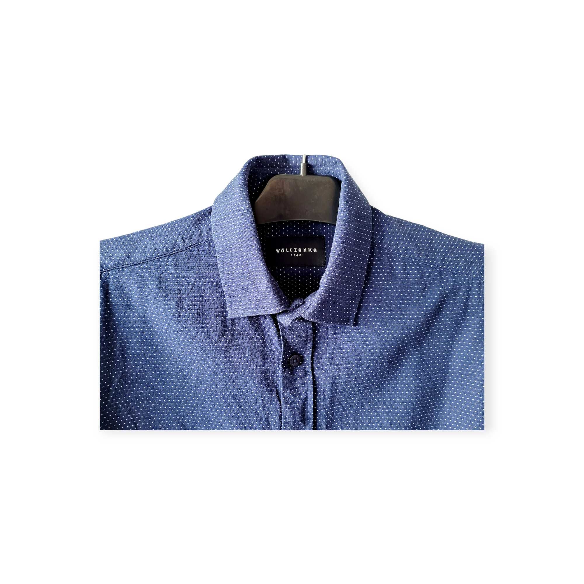Granatowa koszula męska Wólczanka 40 L w kropki slim fit długi rękaw