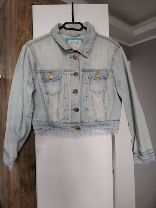 Denim co kurtka katana ramoneska jeans dżins koronka złote guziki.