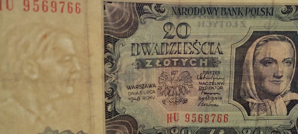 Banknot 20 zł 1948 PRL seria HU żniwiarka