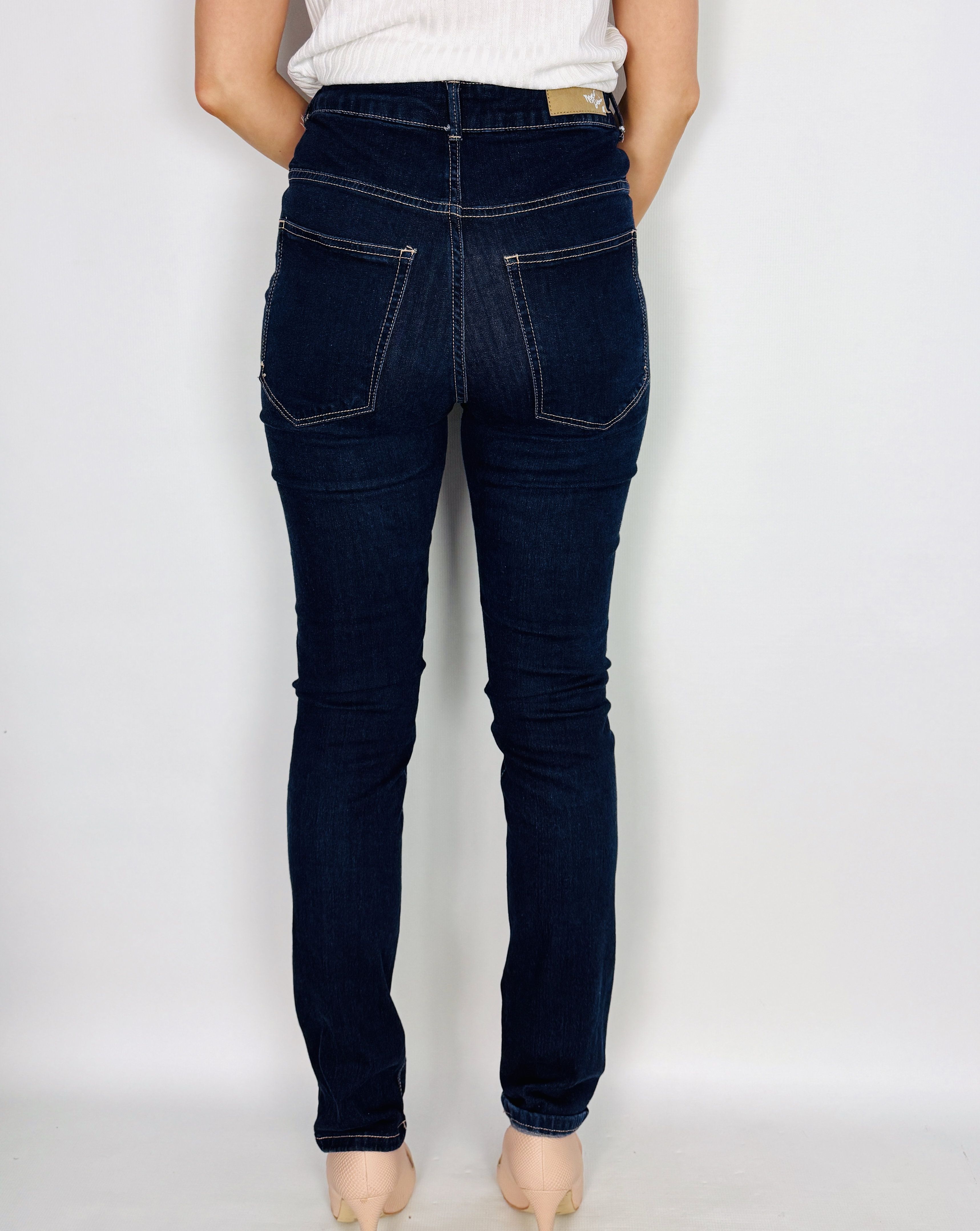 Granatowe jeansowe spodnie rurki z wysokim stanem M 38 Never Denim