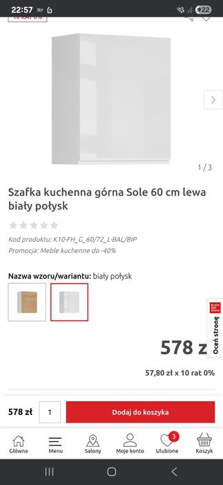 Szafka kuchenna górna Sole 60 cm lewa biały połysk