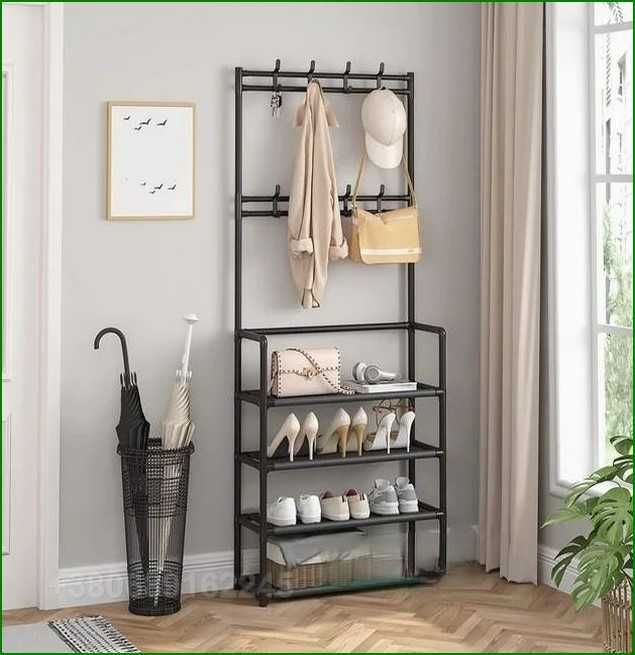 Напольная ВЕШАЛКА для прихожей с полками под обувь, компактная