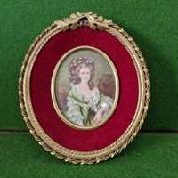 Moldura em bronze com pintura sobre placa ilustrando a Madame du Barry