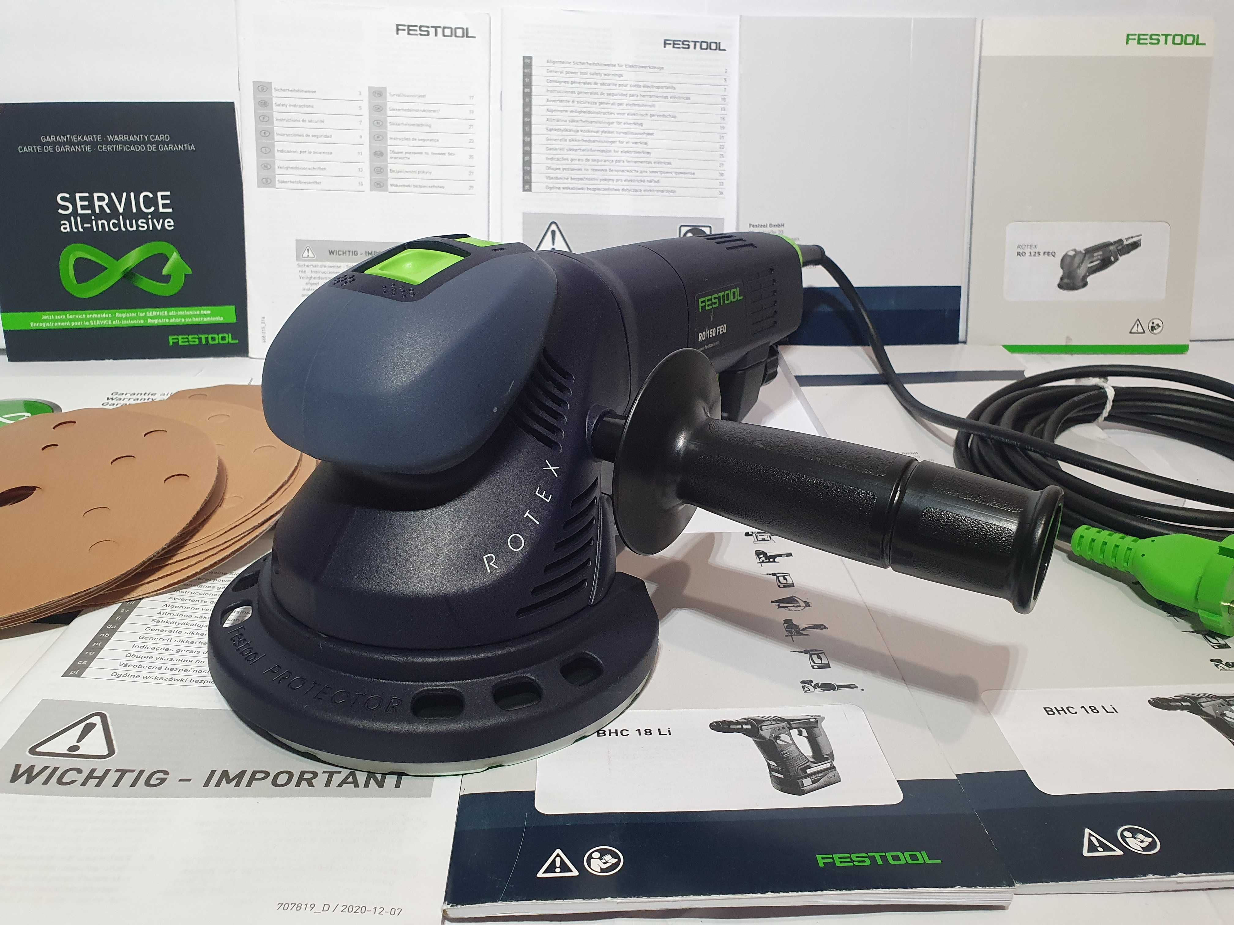 Duzy zestaw FESTOOL RO 150 szlifierka +papiery 30szt+raczka+protector