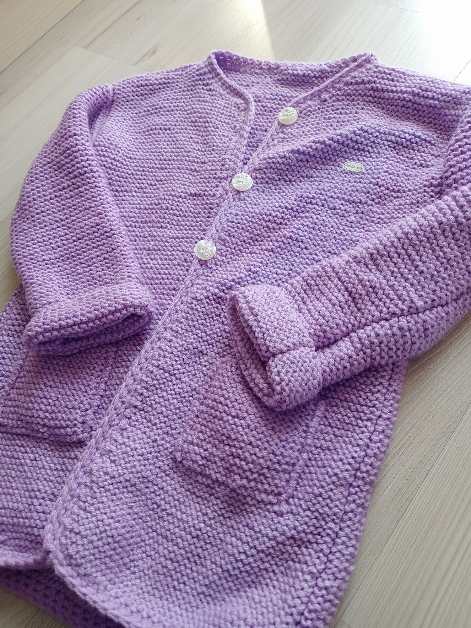 Handmade sweter r. S kardigan z guzikami narzuta liliowy