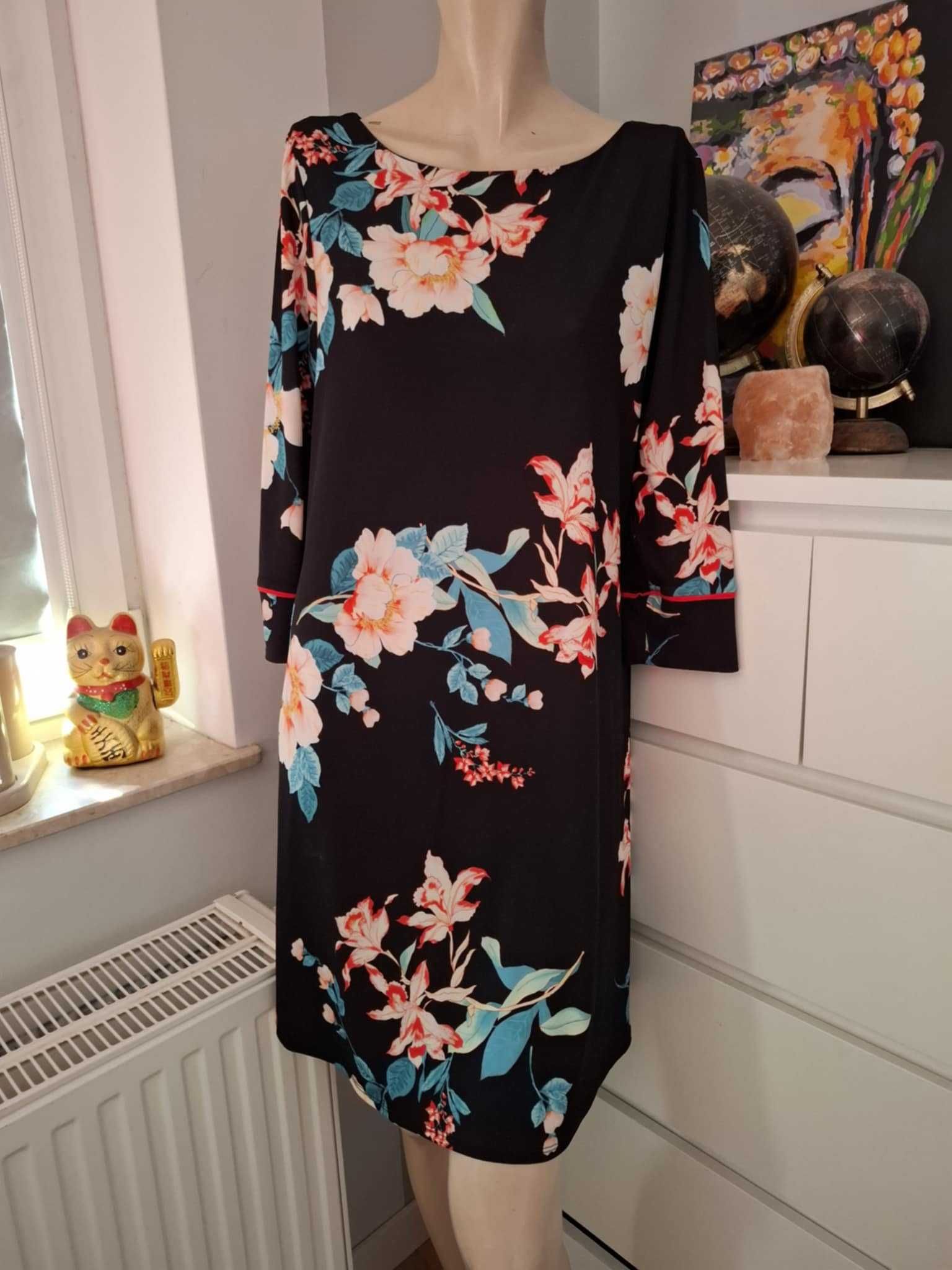 42 XL Wallis elegancka czarna pomarańczowa zielona biała sukienka