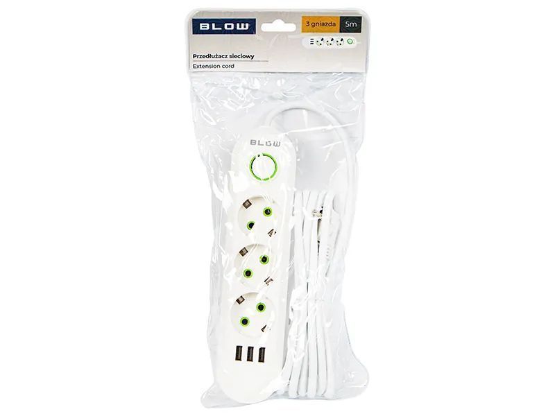 Listwa przedłużacz sieciowy BLOW 3 gniazda + 3x USB 5m biały 98-218#