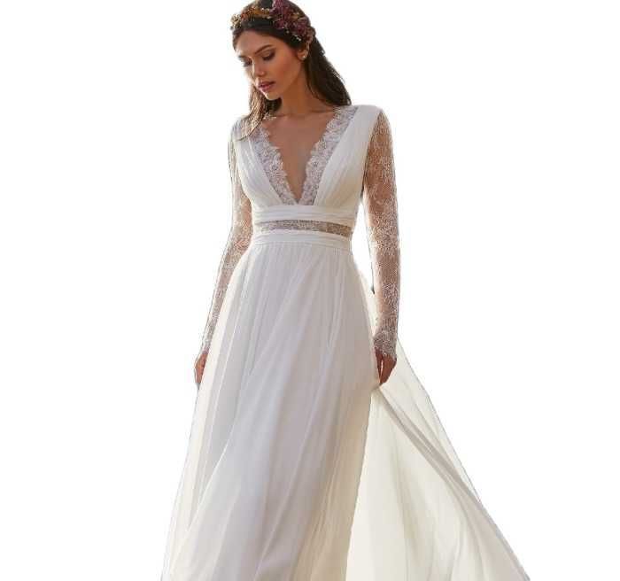 Suknia ślubna #48 boho koronka ivory długi rękaw tren rozmiar 46 XXXL