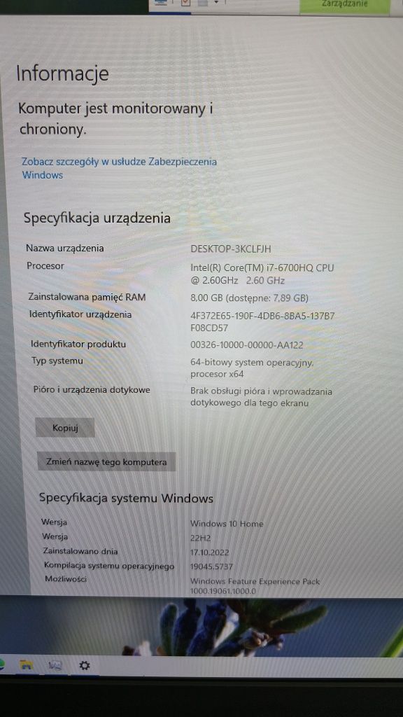 Laptop i7-6700HQ • 8 GB RAM • SSD 1 TB • Windows 10 • Stan dobry Acer