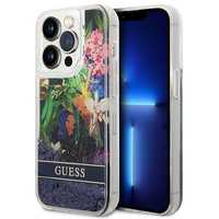 Guess Etui iPhone 14 Pro 6,1" Niebieskie/Blue Flower Glitter