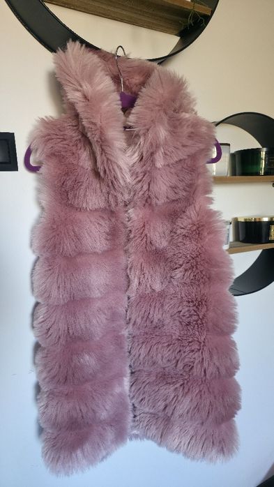 Różowy damski Bezrękawnik kamizelka futerko miś queen close gruby