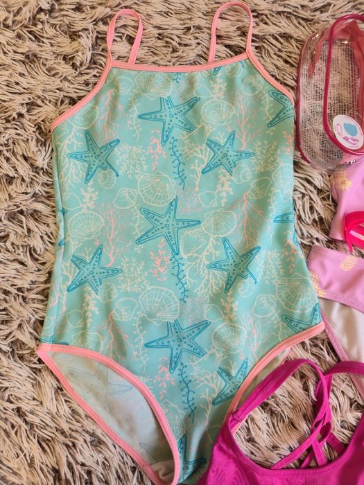 2 stroje kąpielowe + okulary+ top r134/140cm