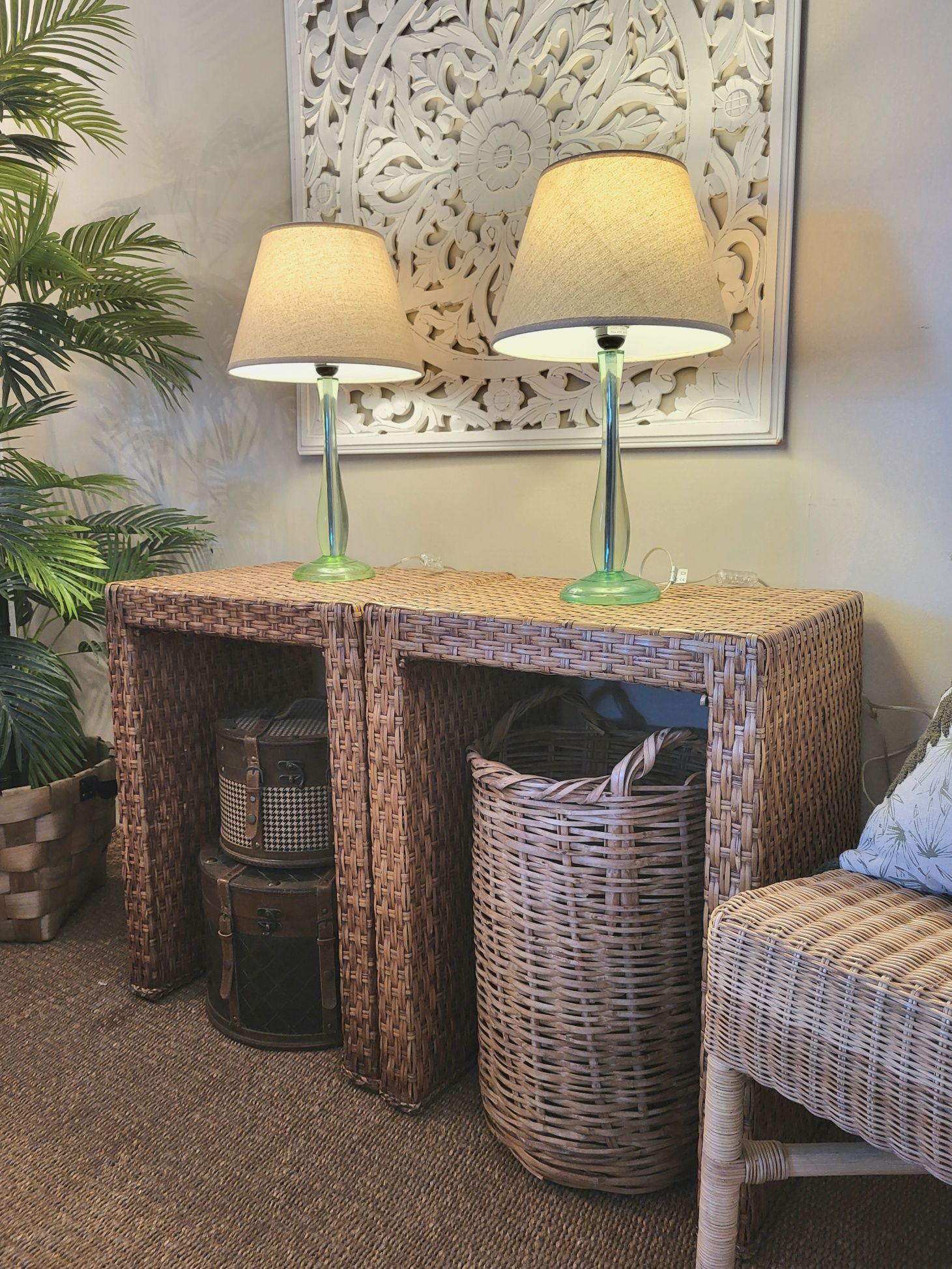 2 mesas, cabeceira, apoio, rattan, oriental, rustico