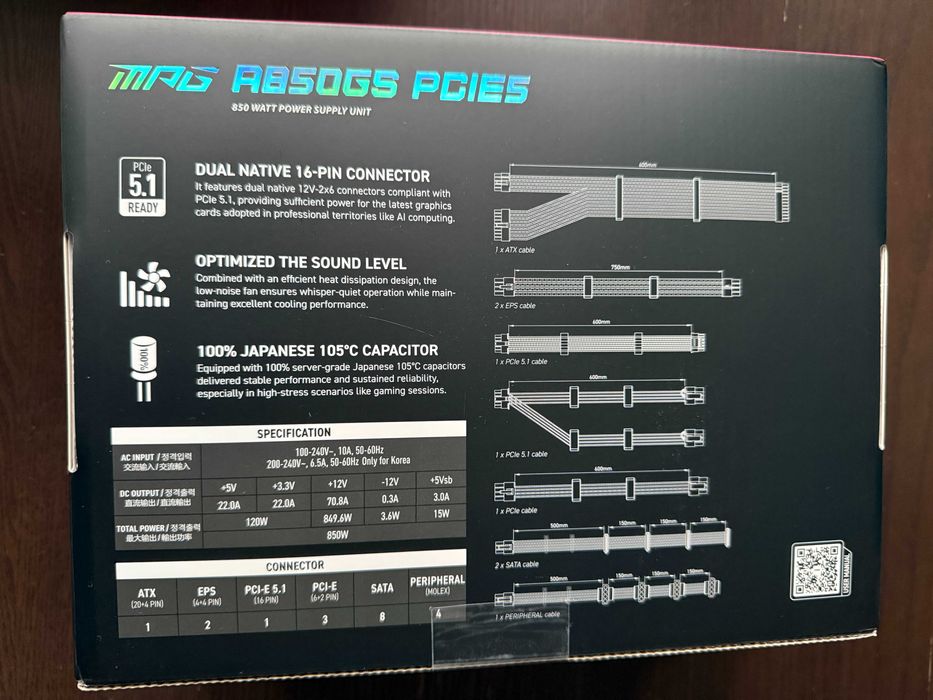 Zasilacz MSI MPG A850GS PCIE5 –850W ATX 3.1, 80+ Gold, modularny, nowy