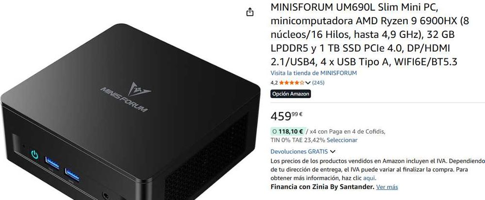 MINISFORUM UM690L Slim Mini PC, AMD Ryzen 9 6900HX (8/16wątków, 32 GB)