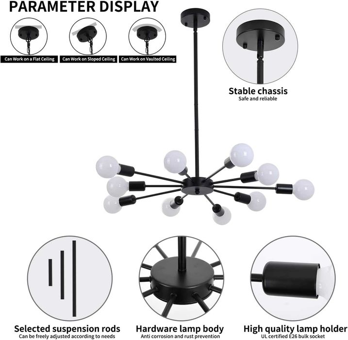 JIINOO Żyrandol sufitowy czarny 10xE27