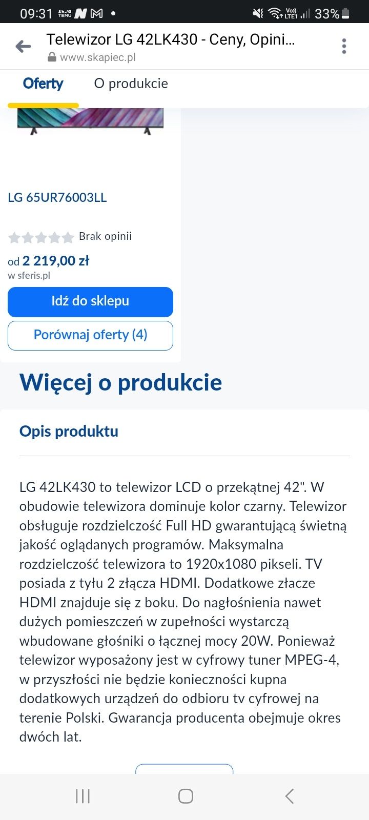 Telewizor Lg42 FullHd 3× HDMIi