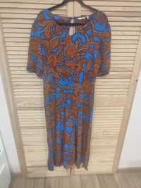 Sukienka maxi długa letnia brązowa niebieska r 44 XL XXL rozporek wisk