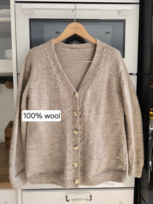 Sweter kardigan wełniany damski warkocz 42