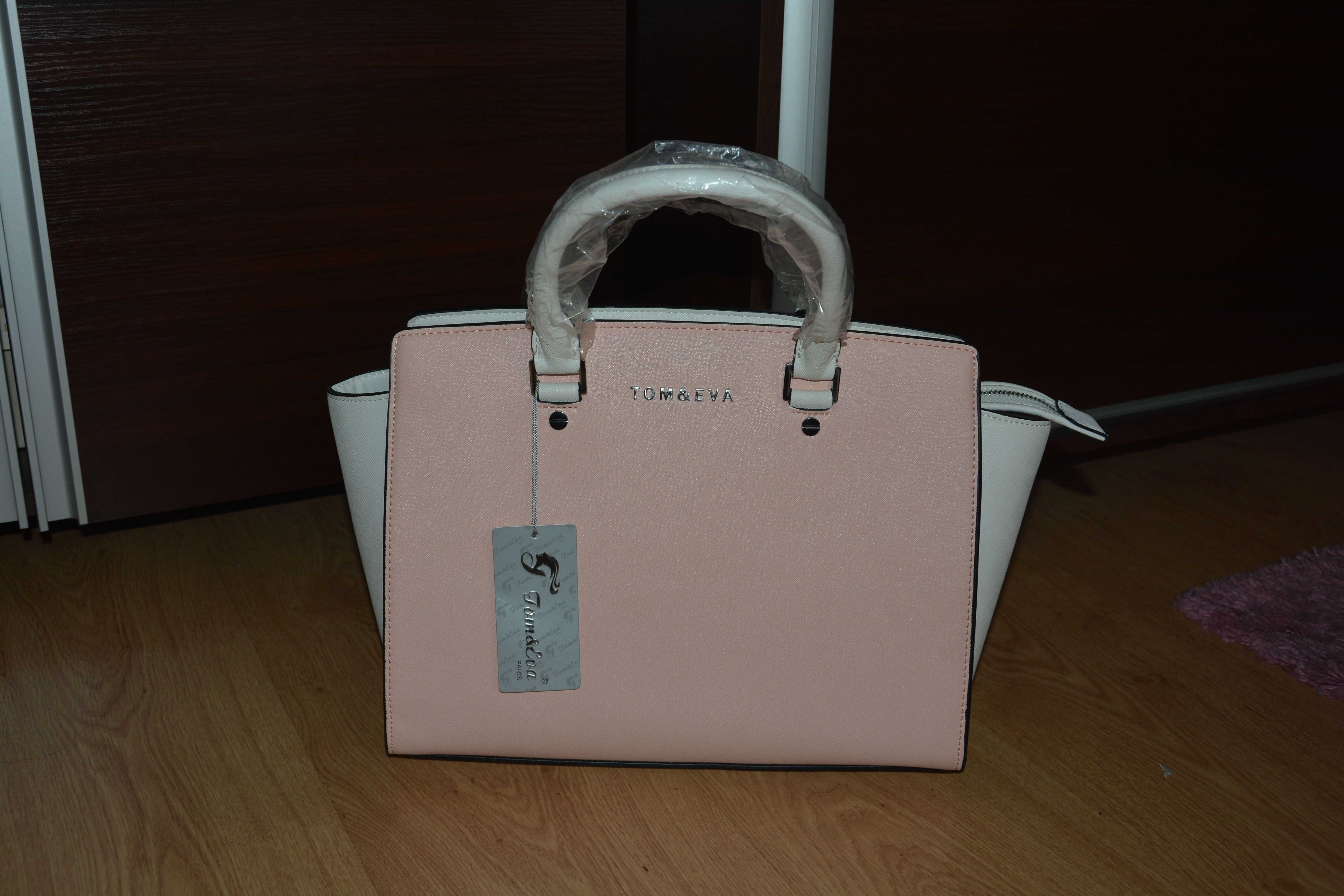 Nowa duża różowo-biała torebka trapezowa kuferek saffiano Tom & Eva