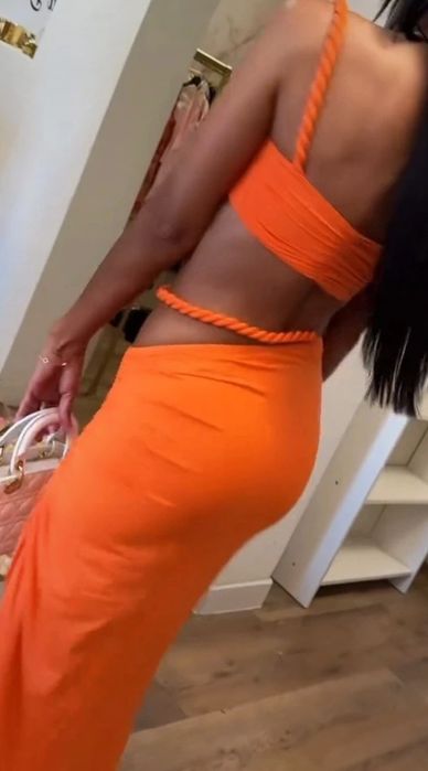 Komplet set zwstaw top spódnica maxi neonowy pomarańcz hit lata z ozdo