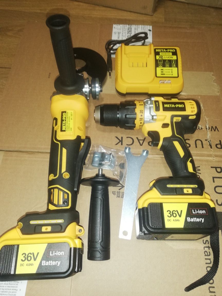 Szlifierka Akumulatorowa Wkrętarka z Udarem Zestaw Meta-Pro 2xAKU 36V